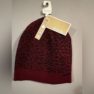 NWT Michael Michael Kors metallic red ruby leopard cheetah beanie hat lined